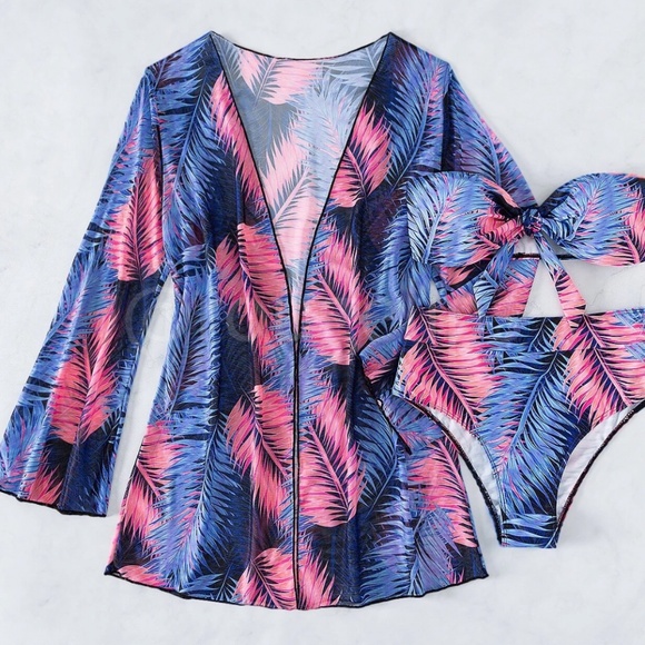 Tropical Print Blue Pink 3 Piece Swim Set Kimono Bandeau Top + Bottoms - Picture 6 of 7